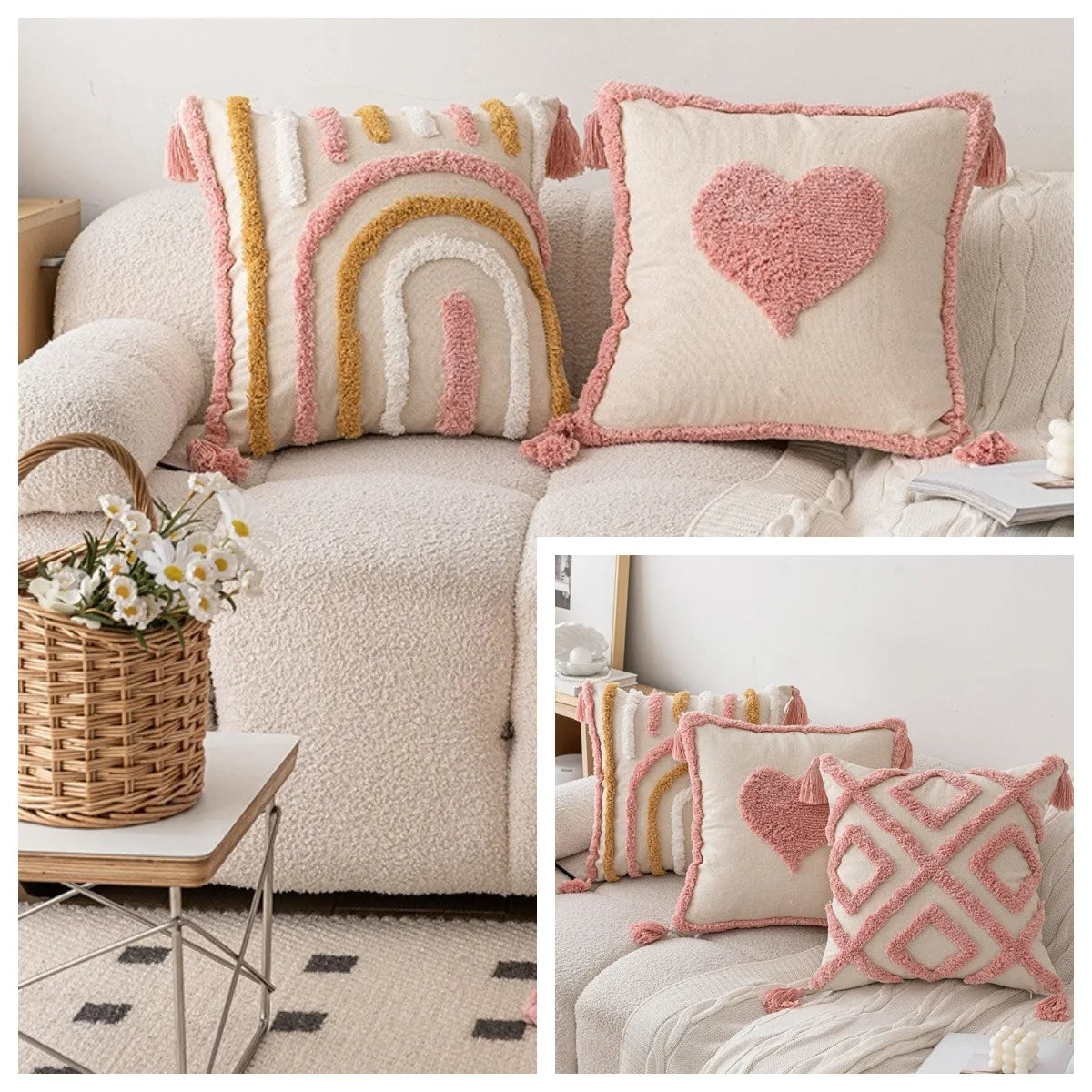 Pink Plush Sofa Pillow Case New 45X45 Cushion Cover Small Heart Rainbow Polka Dots Love Pillowcase Boho Home Decorative Kids Bedroom Couch Living Room Decor 1Pc