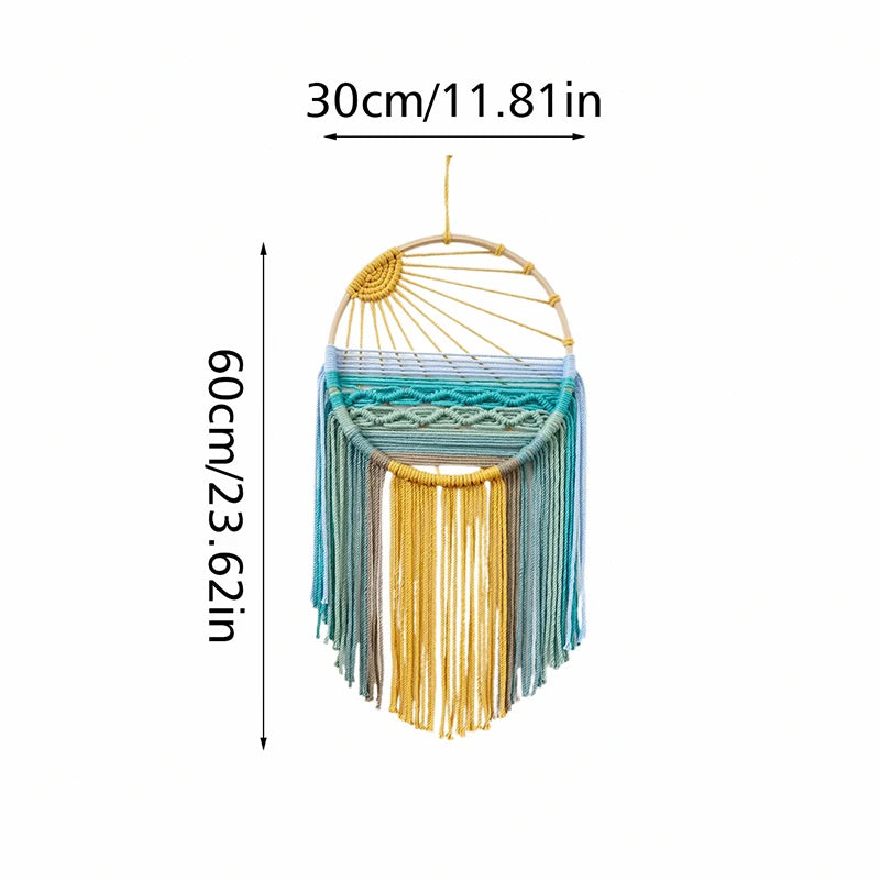 Sunrise & Sunset woven boho wall hanging displayed on wall, Nordic style cotton tapestry featuring warm earthy tones, perfect for boho home decor and eclectic interior design ideas, adds cozy bohemian vibes and textured aesthetic home decor to any living room or bedroom.