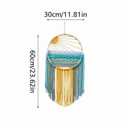 Sunrise & Sunset woven boho wall hanging displayed on wall, Nordic style cotton tapestry featuring warm earthy tones, perfect for boho home decor and eclectic interior design ideas, adds cozy bohemian vibes and textured aesthetic home decor to any living room or bedroom.