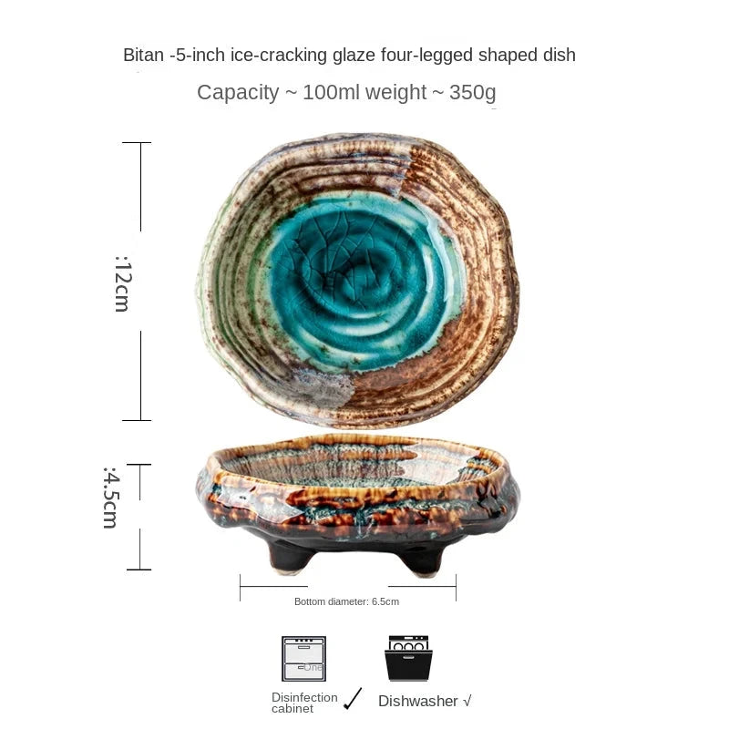 Ceramic dish with blue and brown glaze, showing dimensions and features on a white background