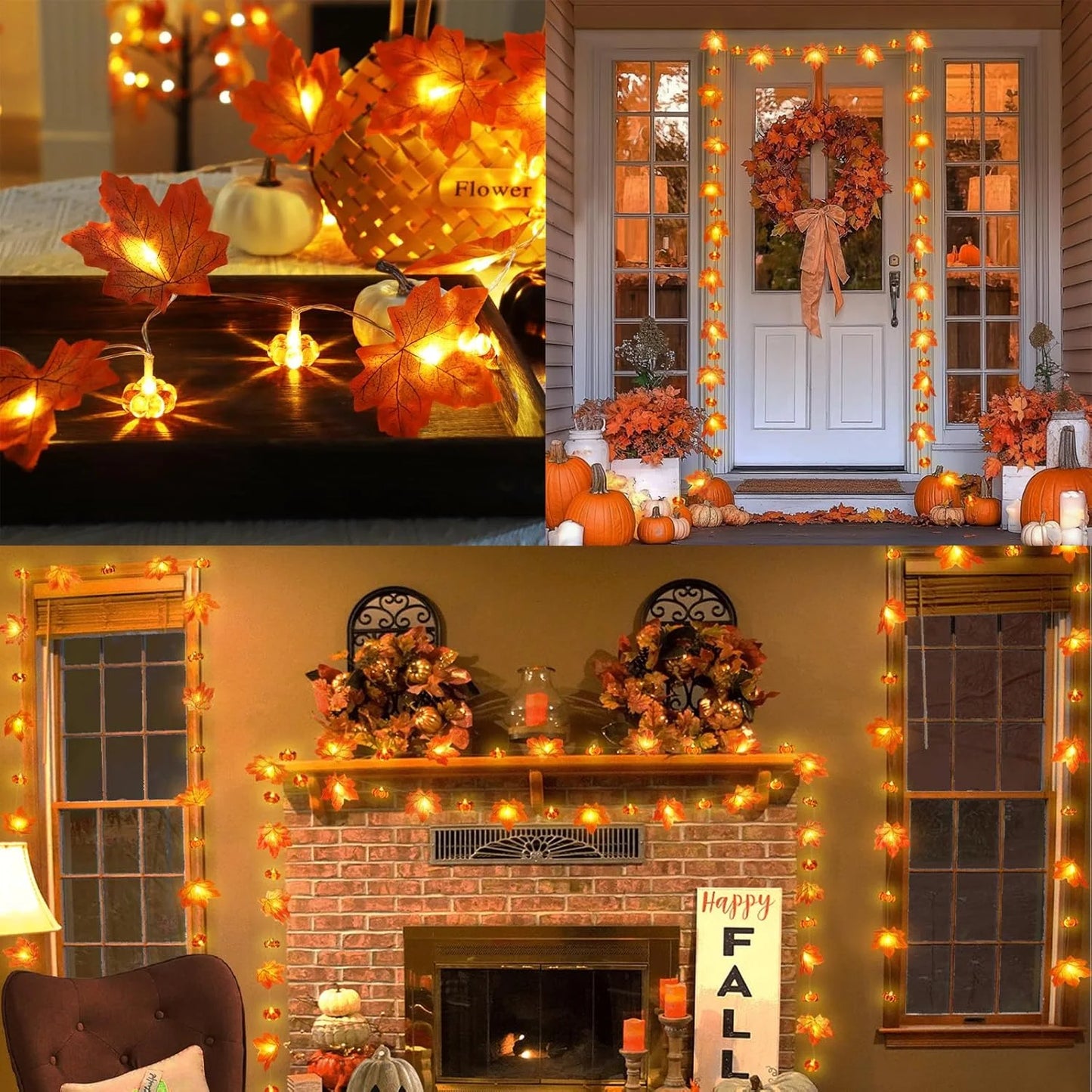 Collage of Halloween decorations including pumpkins, wreaths, and lights. fall leaf lights 