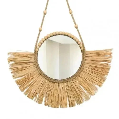 Hanging mirror with raffia fringes and wooden beads on a white background boho home decor, boho wall mirror, macrame wall mirror, nordic decor, romantic wedding wall decoration, housewarming gift, round straw mirror, woven wall decor, tapestry mirror, boho bedroom wall accent, rustic mirror wall hanging