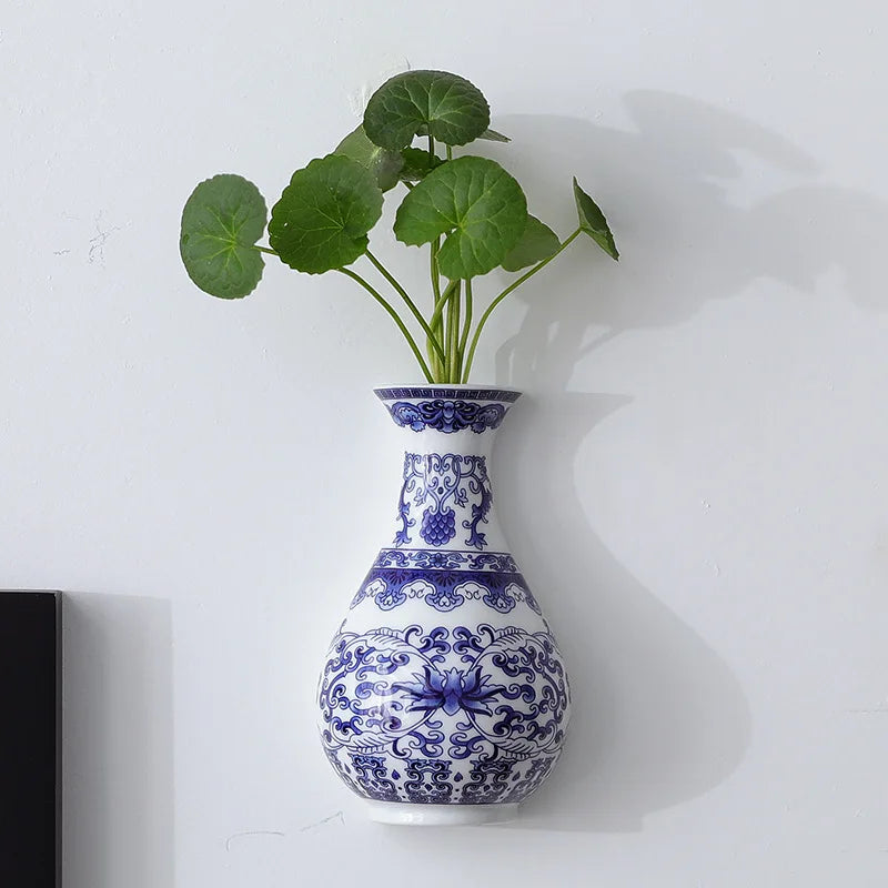 Antique Blue & White Ceramic Wall Vase – Post-Modern Hanging Porcelain Flower Pot