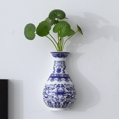 Antique Blue & White Ceramic Wall Vase – Post-Modern Hanging Porcelain Flower Pot