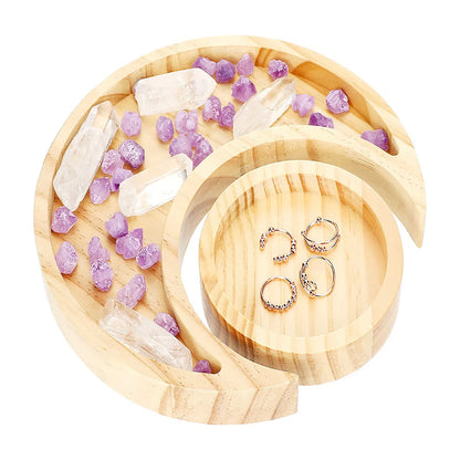 Wooden Serving Display Tray Rustic Boho Decor Decorative Dish Moon Sun Shape Jewelry Wood Plate 1Pc or 2Pcs