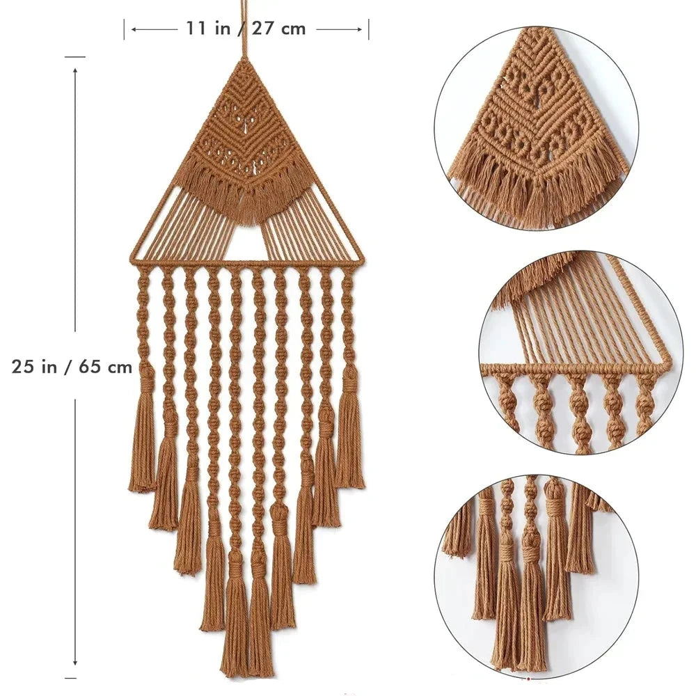 Brown macrame wall hanging with measurements and close-up details on a white background boho home decor, macrame wall hanging, triangle dream catcher, woven tapestry, handmade cotton wall decor, tassel wall hanging, bedroom door decor, housewarming gift, rustic bohemian art, boho apartment wall decor, neutral textile art