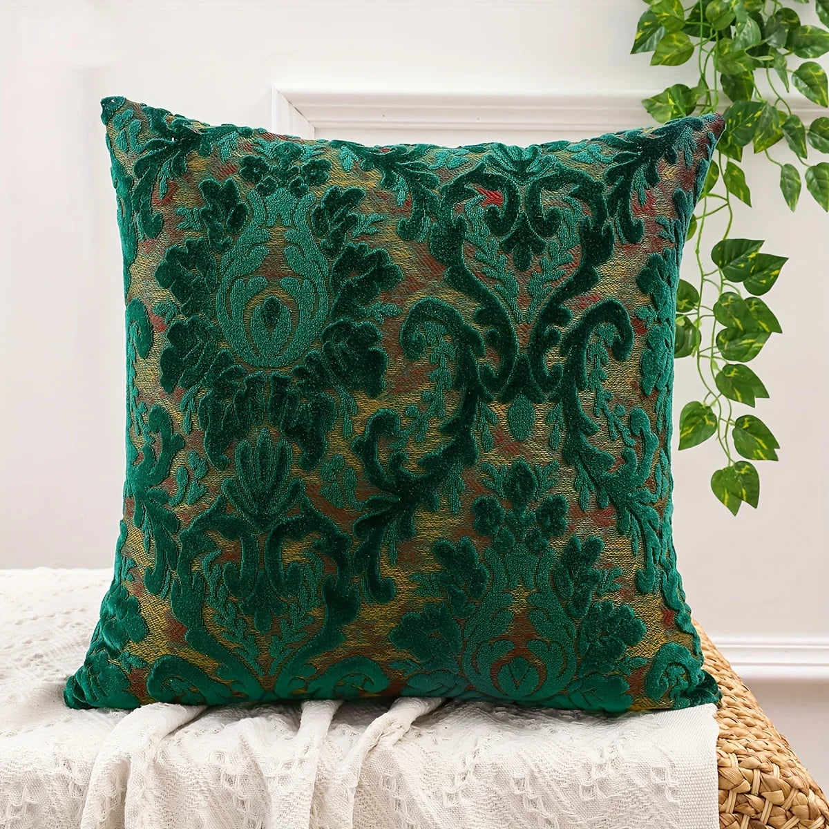 Tropical Green Leaf Chenille Cushion Cover – Jacquard Throw Pillow Cover for Boho Home Decor