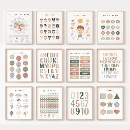 Alphabet & Number Educational Canvas Prints – Boho Nursery Wall Art
