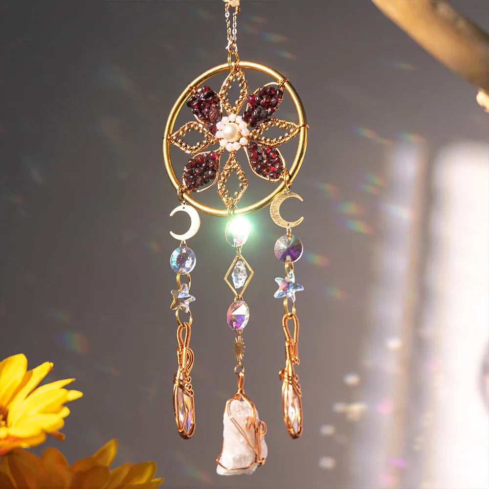 Decorative hanging flower ornament with gemstones and floral design against a blurred background boho home decor, crystal wind chime, sun catcher for windows, moon prism chime, agate stone hanging, garden art decor, patio hanging decoration, boho housewarming gift, spiritual gift, crystal suncatcher, balcony decor, meditation decor, handmade crystal chime