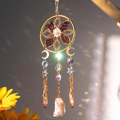 Decorative hanging flower ornament with gemstones and floral design against a blurred background boho home decor, crystal wind chime, sun catcher for windows, moon prism chime, agate stone hanging, garden art decor, patio hanging decoration, boho housewarming gift, spiritual gift, crystal suncatcher, balcony decor, meditation decor, handmade crystal chime