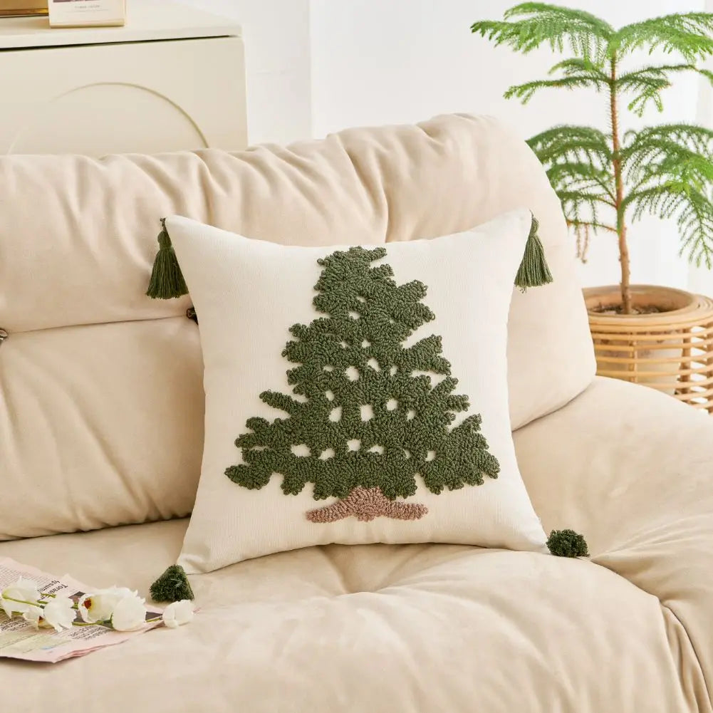 Tufted Pine Tree Winter Cushion Cover with Tassels