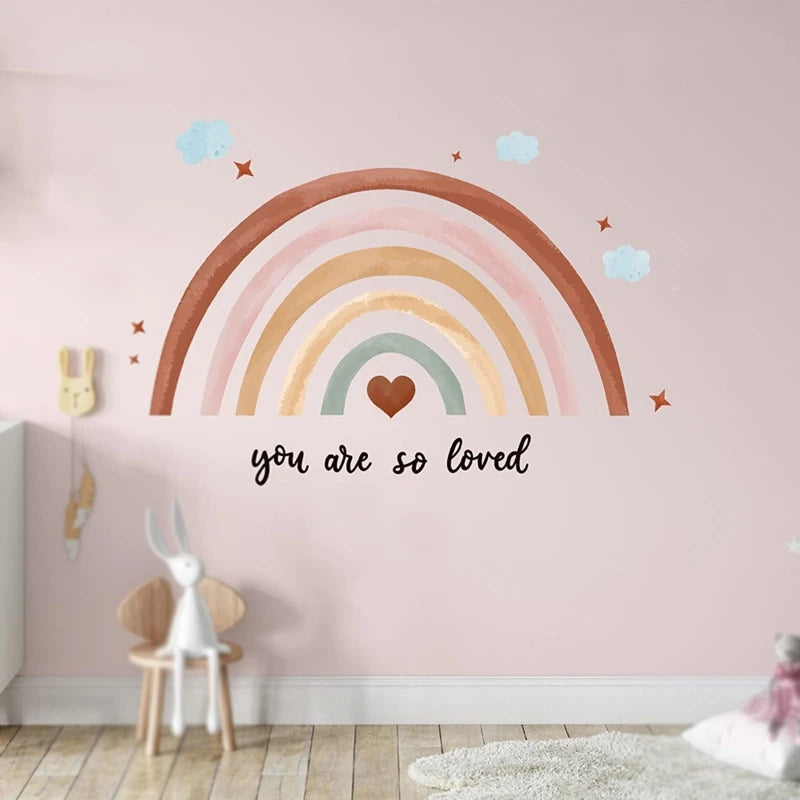 Boho Large Rainbow Beige Pink Watercolor Wall Sticker Vinyl DIY Removable Wall Decals Nursery Girls Room Playroom Home Decor Flowers Clouds Butterflies Hearts