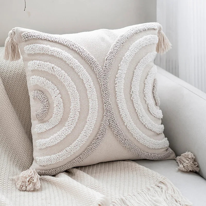 Bohemian Tufted Cushion Cover 45 x 45cm Geometric Circles Rainbow Tassels Throw Pillow Cover Pillowcase Beige Cotton Home Decorative Cushions for Sofa or Bed Boho Home Decor