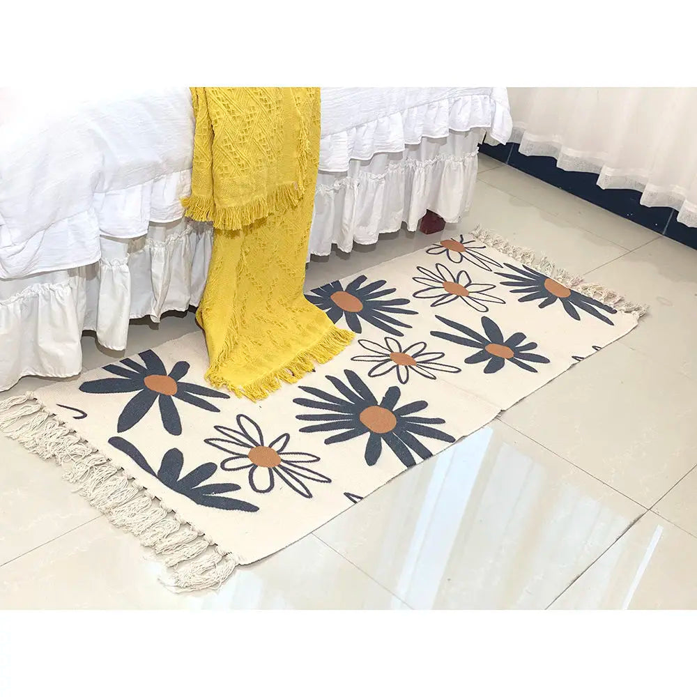 Boho Cotton Woven Flowers Geometric Rug – Anti-Slip Floor Mat for Living Room, Bedroom & Entryway