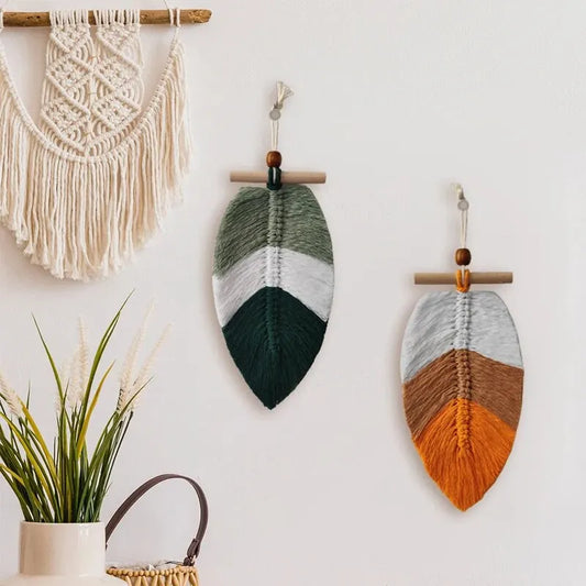 Bohemian Woven Leaf Wall Hanging – Set of 2 Cotton Thread Tapestries