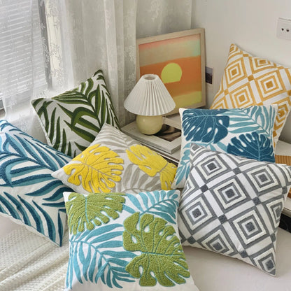 🌿 Green Leaf & Sunflower Embroidered Pillow Cover – 18 x 18 inches Boho Modern Cushion Cover for Sofa, Chair, or Car