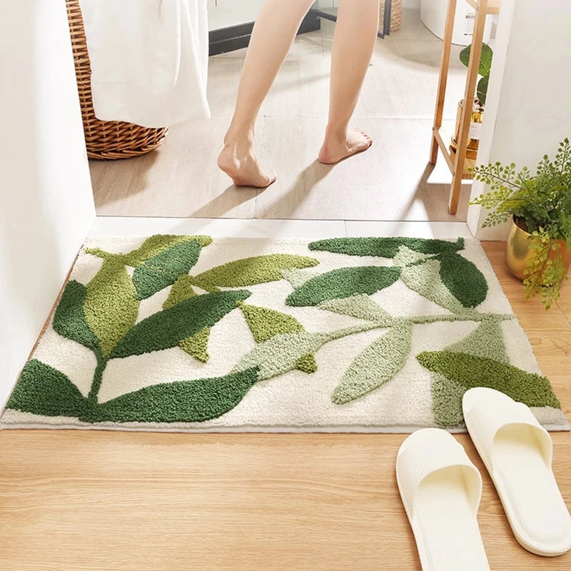 Soft Leaf Print Bath Mat – Non-Slip & Quick-Drying Absorbent Bathroom Rug