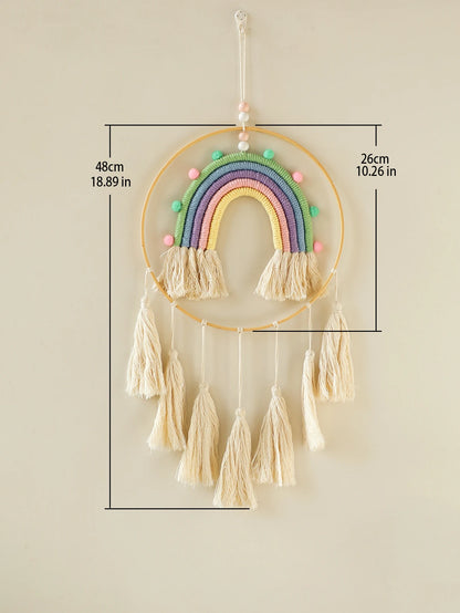 Decorative rainbow wall hanging with tassels and measurements on a beige background. Handmade macrame rainbow wall hanging boho home decor