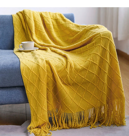 Yellow Boho Nordic Knitted Throw Blanket with Tassels – Geometric Diamond Design for Bed, Couch, and Living Room