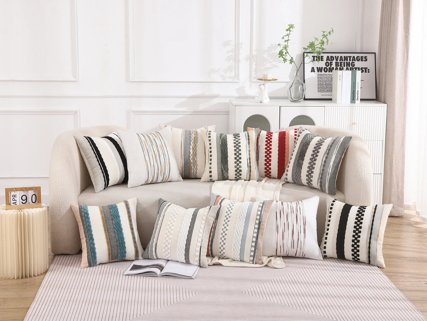 Boho Striped Chenille Throw Pillow Cover – Decorative Square Cushion for Cozy Home Accents