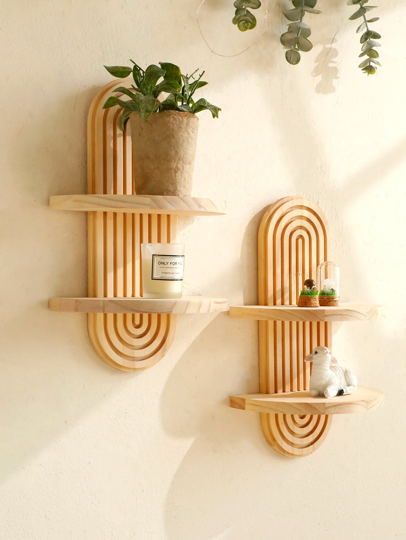 Boho Style Wooden Wall Shelf - Geometric Wall Mounted Shelves, Natural Wood Finish, Modern Home Decor, Plant Holder Circle