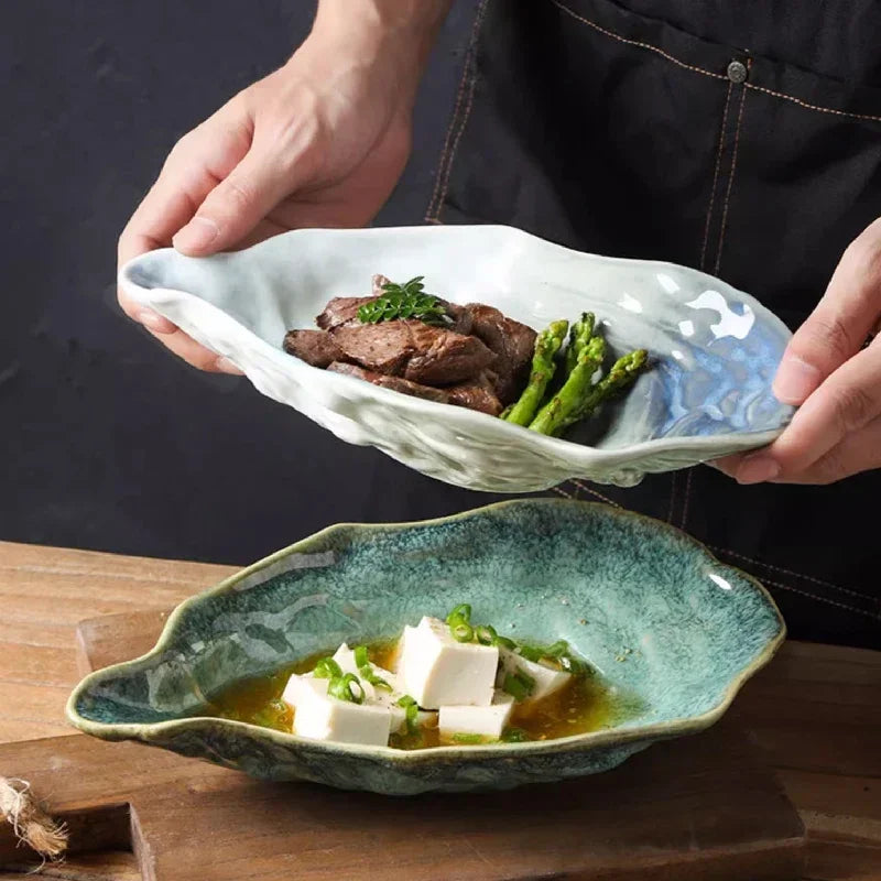 Japanese Kiln-Glazed Ceramic Oyster Dish – Irregular Shell-Shaped Plate for Dips, Dessert & Appetizers