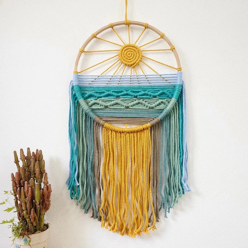 Sunrise & Sunset woven boho wall hanging displayed on wall, Nordic style cotton tapestry featuring warm earthy tones, perfect for boho home decor and eclectic interior design ideas, adds cozy bohemian vibes and textured aesthetic home decor to any living room or bedroom.