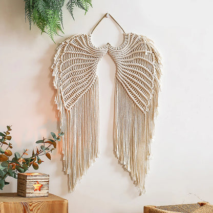 Macrame Wall Hanging Tapestry Handmade Boho Woven Art Wall Decor Tassel Crochet Decoration for Home Living Room Bedroom Wings Wood