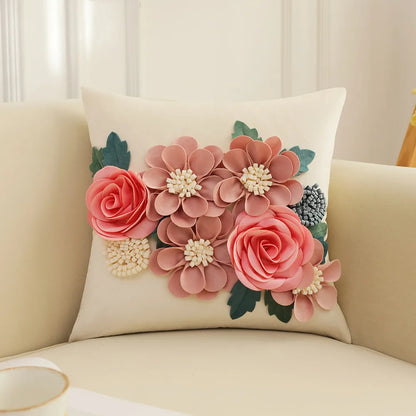 Decorative pillow with floral design on a beige couch. Handmade patchwork floral pillowcase for bed or living room