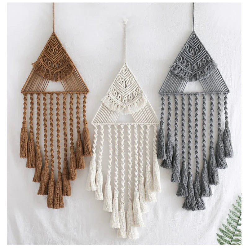 Three macrame wall hangings in brown, white, and gray on a white background. boho home decor, macrame wall hanging, triangle dream catcher, woven tapestry, handmade cotton wall decor, tassel wall hanging, bedroom door decor, housewarming gift, rustic bohemian art, boho apartment wall decor, neutral textile art