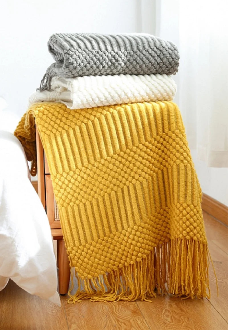 Soft Knit Boho Throw Blanket – Lightweight Acrylic Travel & Home Decor Accent with Fringe