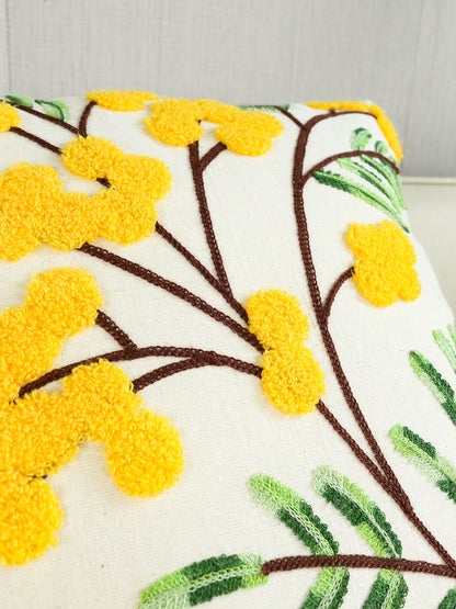 Embroidered Floral Throw Pillow Cover – Yellow Flowers Boho Home Decor for Couch, Bed & Chair