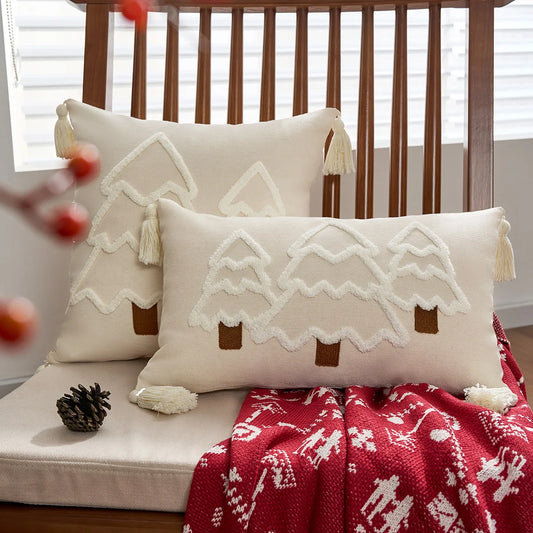 Decorative pillows with embroidered designs on a bench with a red blanket. tufted Christmas pillow cover with tassels, decorative festive cushion case for sofa or bed in 12x20 or 18x18 inches