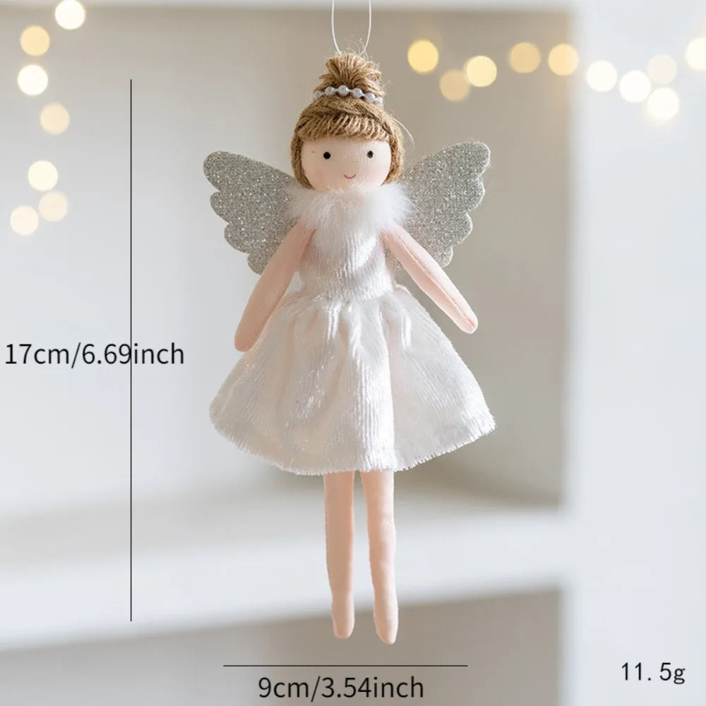 Decorative angel doll Christmas Ornament with measurements on a neutral background