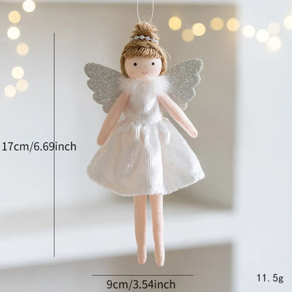 Decorative angel doll Christmas Ornament with measurements on a neutral background