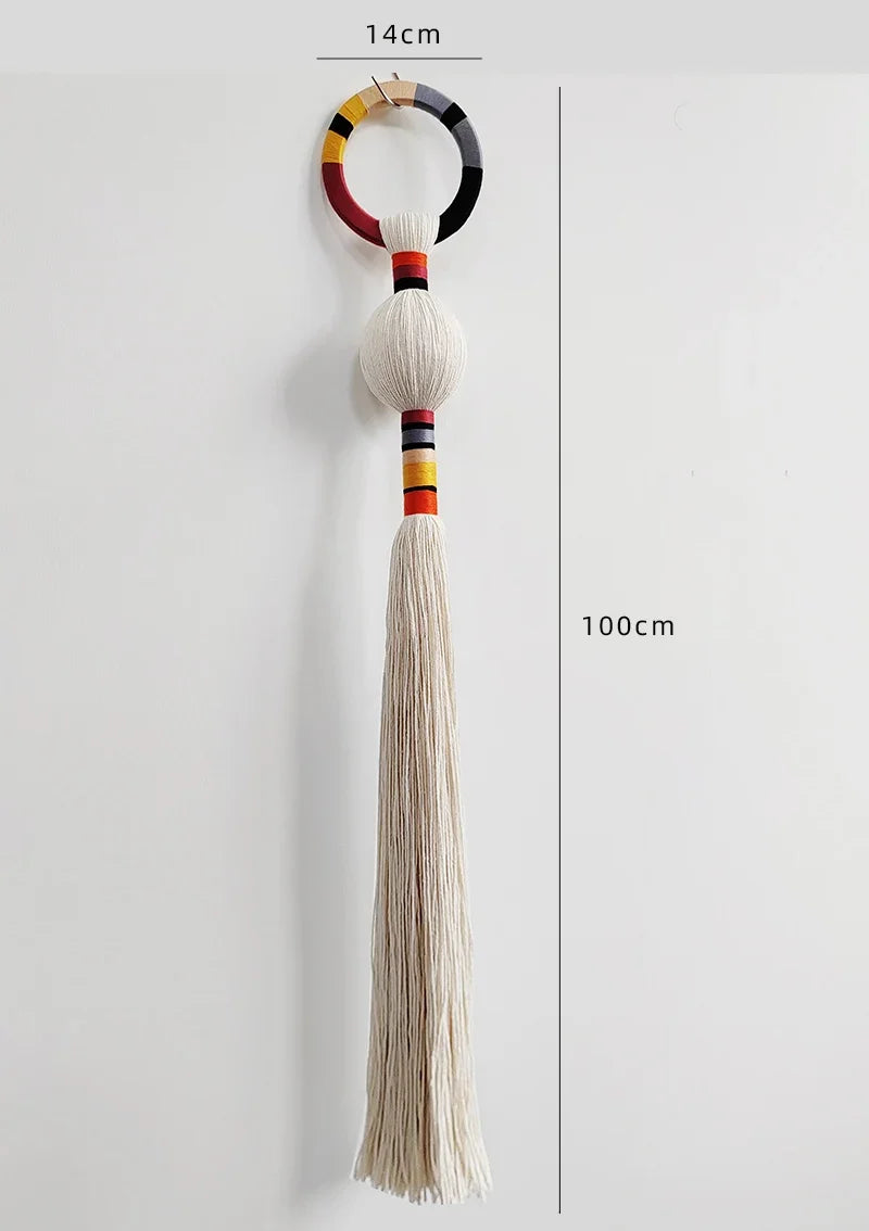 Tassel with colorful band and measurement details on a white background. boho macrame wall art
