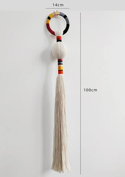 Tassel with colorful band and measurement details on a white background. boho macrame wall art