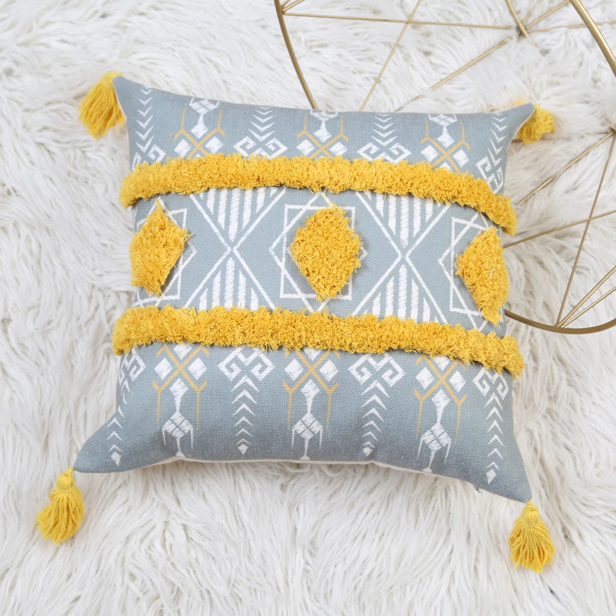 Yellow Geometric Tufted Throw Pillow Cover with Tassels – 18x18in Boho Home Decor Accent for Couch, Sofa & Bed Housewarming Gift