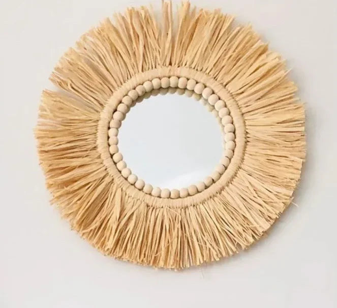 Round mirror with raffia frame on a white background boho home decor, boho wall mirror, macrame wall mirror, nordic decor, romantic wedding wall decoration, housewarming gift, round straw mirror, woven wall decor, tapestry mirror, boho bedroom wall accent, rustic mirror wall hanging