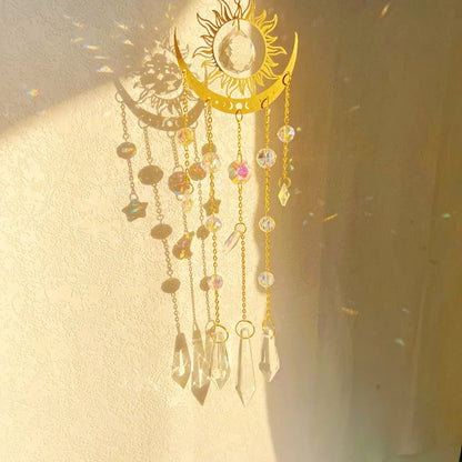 ✨ Gold Flame Moon Crystal Suncatcher – Outdoor Hanging Ornament for Garden & Window Decor