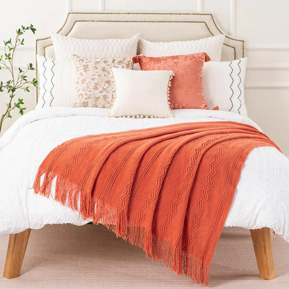 Boho Knit Throw Blanket – Soft Lightweight Acrylic Blanket with Tassels