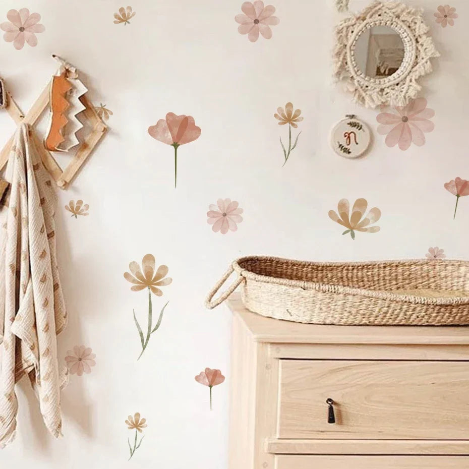 Boho Floral Leaf Wall Stickers – Removable 3D Vinyl Decals for Kids' Nursery & Home Decor - Neutral Flowers
