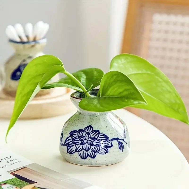 Small decorative vase with blue floral patterns holding a green leafy plant on a blurred background.