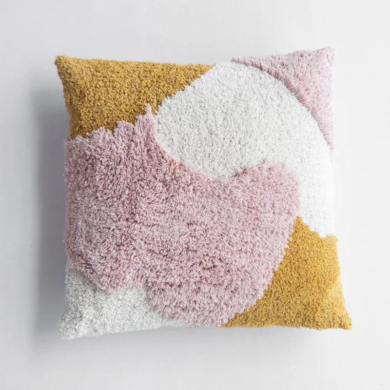 Vibrant Tufted Geometric Nature Embroidered Cushion Cover – Boho Patchwork Throw Pillow