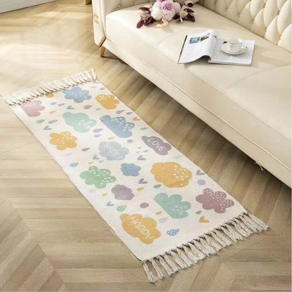 Boho Cotton Woven Geometric Clouds Rug – Anti-Slip Floor Mat for Living Room, Bedroom & Entryway