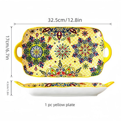 Boho Ceramic Fish Dish with Handle – Rectangular Serving Tray for Oven & Microwave