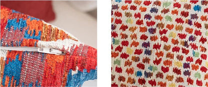 Textile material with colorful pattern and zipper on a white background. Bohemian Aztec woven pillow cover, geometric jacquard cushion for sofa, bed, or living room decor in neutral cotton blend fabric.