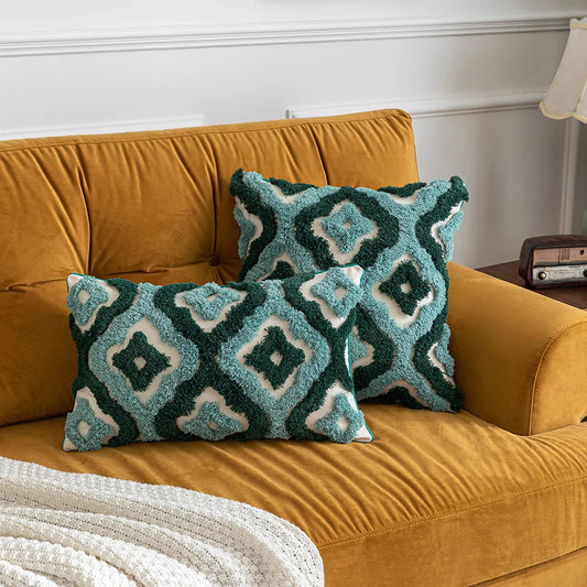 Boho Tufted Geometric Pillow Cover – Cotton Canvas Cushion Cover for Sofa, Bed & Home Decor