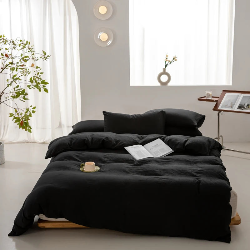 Black Boho Minimalist Washed Cotton Duvet Cover – Soft, Breathable & Cozy Quilt Cover for Home 