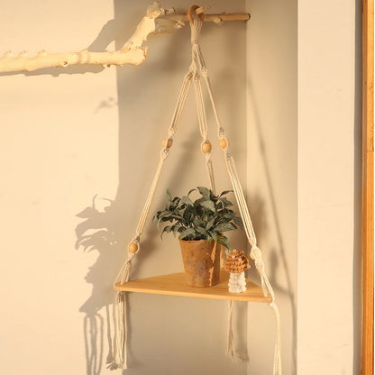 Boho Macrame Hanging Wooden Shelf – Handcrafted Floating Wall Shelf for Home Decor